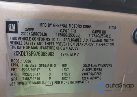 2007 Pontiac Torrent z USA, uszkodzony, nr VIN 2CKDL73F976063903